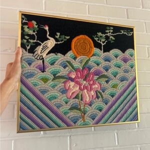 Retro vintage pop crewel Embroidered Wall Art with Crane and Floral Design